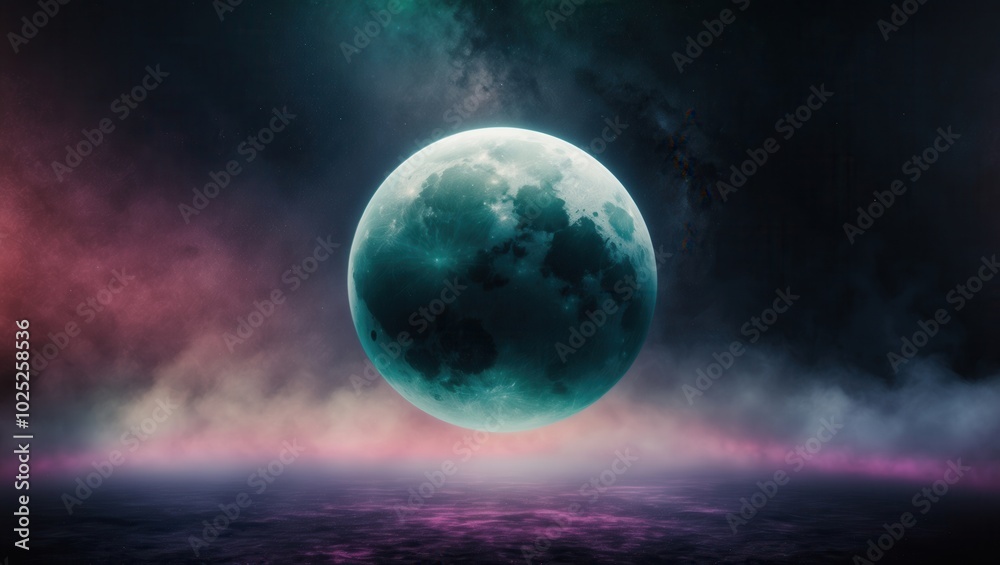 Fototapeta premium Large, vividly colored moon with shades of pink and purple in an otherworldly night scene