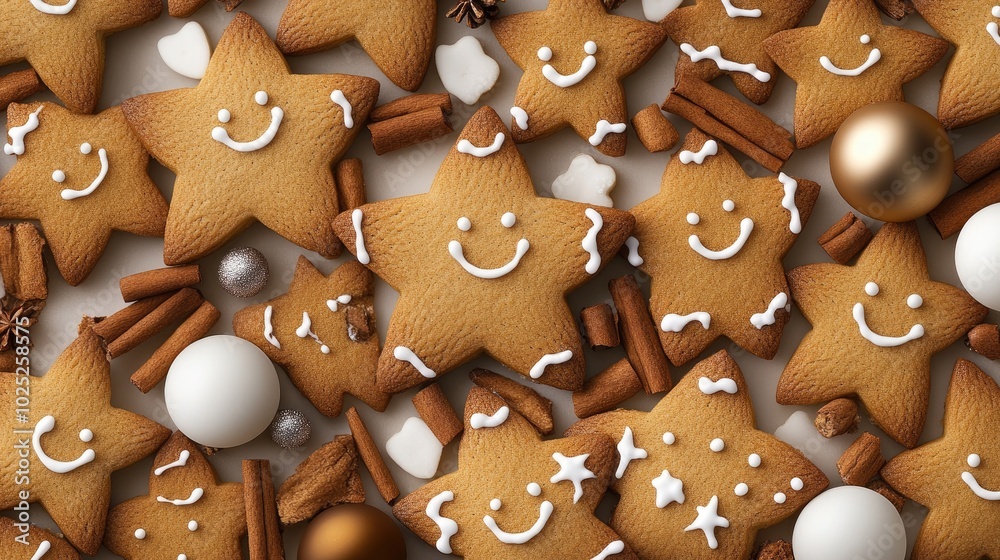 A delightful display of cute gingerbread star cookies with white icing and pink sprinkles, resembling snow peaks, on a soft fur surface, enhanced by red Christmas decorations. A delightful display of cute gingerbread star cookies with white icing and pink sprinkles, resembling snow peaks, on a soft fur surface, enhanced by red Christmas decorations.