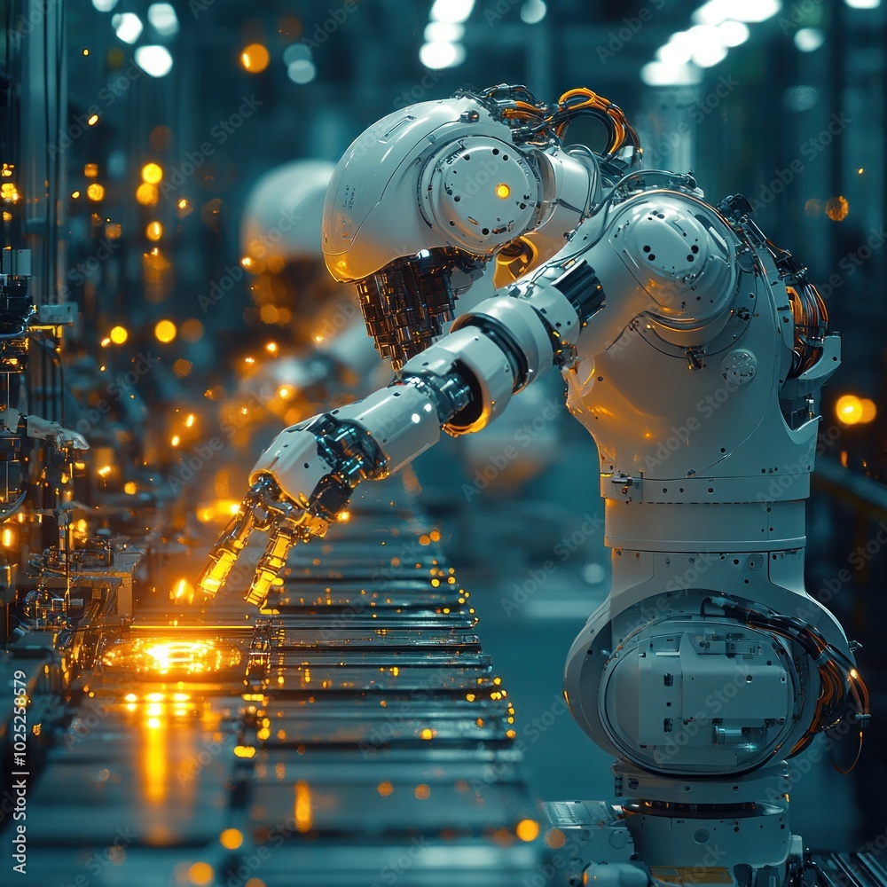 Fototapeta premium A robotic arm works on a production line in a factory.