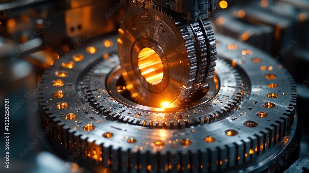 Close-up of a metal gear rotating inside a machine with a glowing center. Close-up of a metal gear rotating inside a machine with a glowing center.