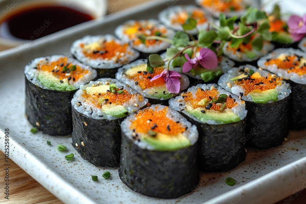 Close up of a plate of sushi rolls with avocado, imitation crab, and tobiko. Close up of a plate of sushi rolls with avocado, imitation crab, and tobiko.