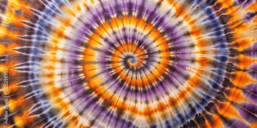 Reverse spiral tie dye in purple tan gray and orange colors creating a vibrant Hippie inspired pattern, tie dye, Hippie, background, gray,reverse spiral, tan, high angle., texture