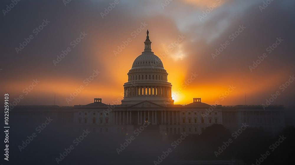 Obraz premium Soft morning sunlight rays scattering on US Capitol building.