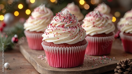 Closeup of red velvet cupcakes with white frosting and sprinkles.