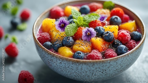 A bowl of smoothie topped with fresh fruit, chia seeds, and edible flowers.