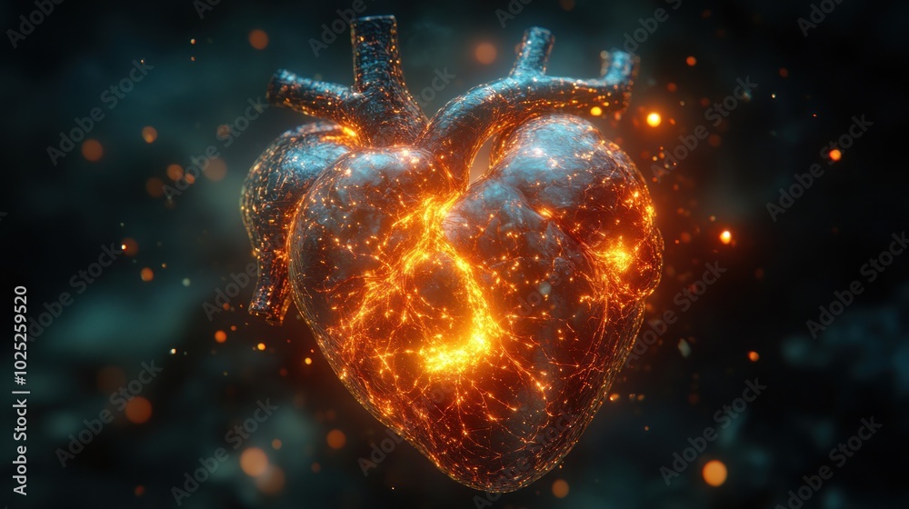A 3D rendering of a burning heart, a symbol of passion, love, and life. A 3D rendering of a burning heart, a symbol of passion, love, and life.