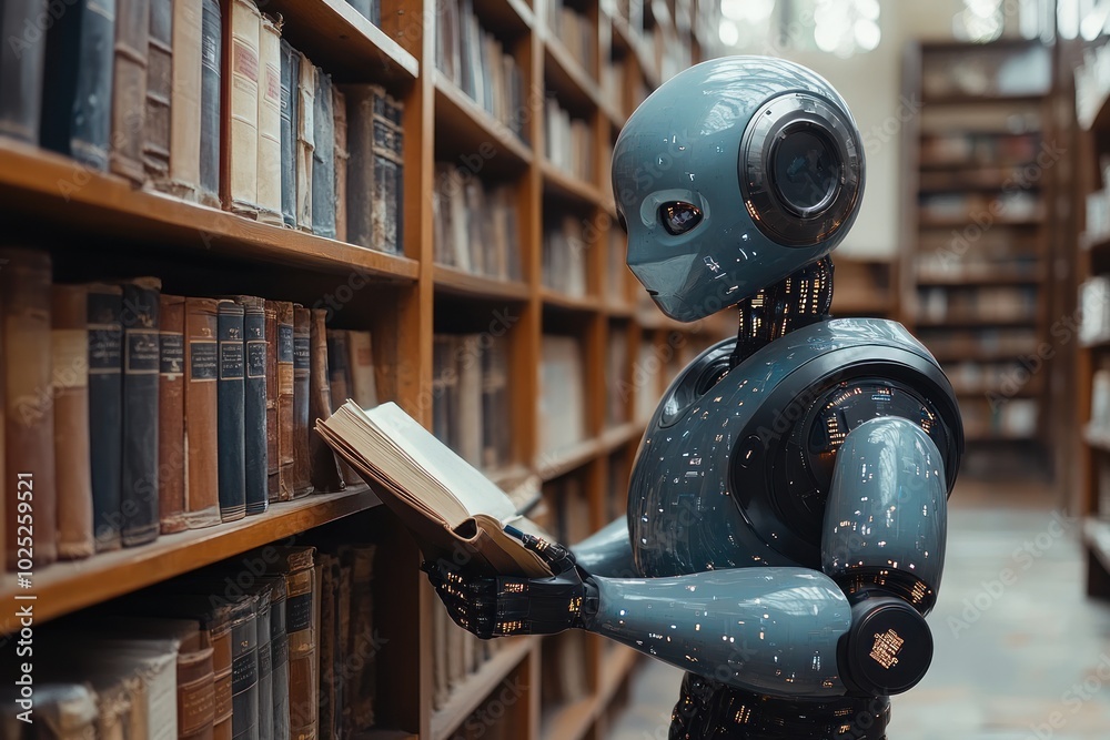 A humanoid robot stands in a library, holding a book and looking at it. A humanoid robot stands in a library, holding a book and looking at it.