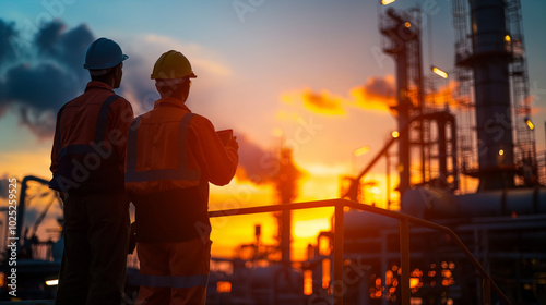 Engineers against the backdrop of an industrial plant at sunset. AI Generated