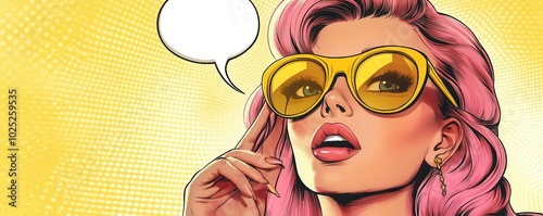 Bold pop art comic book-style illustration of a glamorous woman with vibrant pink hair and oversized sunglasses, set  photo