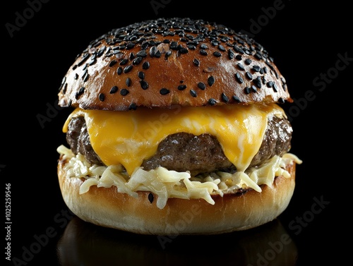 beef burger with coleslaw, melted yellow cheddar on top of beef patty, brioche buns with black and white sesame, fullhd, realistic photo, professional food photography -