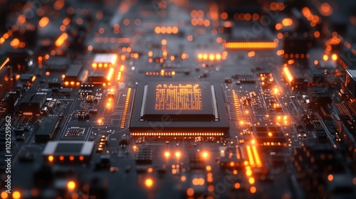 Close-up of a glowing computer processor on a circuit board.