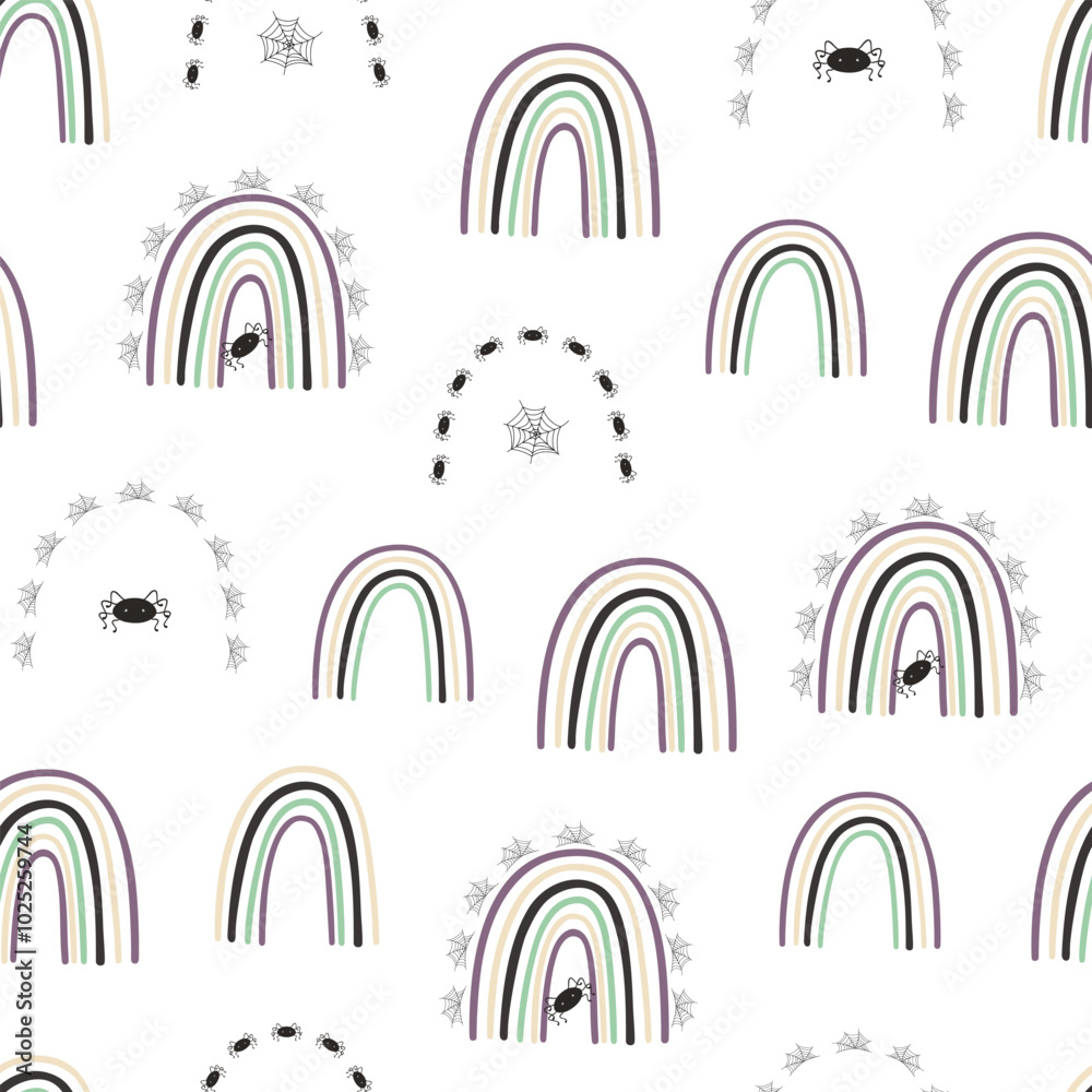 Halloween rainbow seamless pattern, simple hand drawn repeat illustration in trendy pastel colors, minimalist concept perfect for textile, celebration decor, cards, gift paper, papercraft Halloween rainbow seamless pattern, simple hand drawn repeat illustration in trendy pastel colors, minimalist concept perfect for textile, celebration decor, cards, gift paper, papercraft