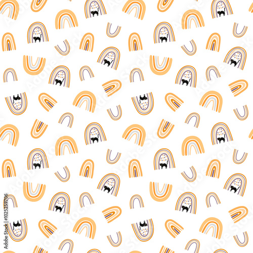 Halloween rainbow seamless pattern, simple hand drawn repeat illustration in trendy pastel colors, minimalist concept perfect for textile, celebration decor, cards, gift paper, papercraft