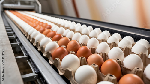 conveyor belt with fresh organic eggs at a poultry farm