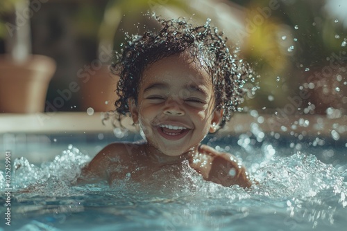 A Joyful Child Emerges from a Pool of Water, Splashing and Smiling