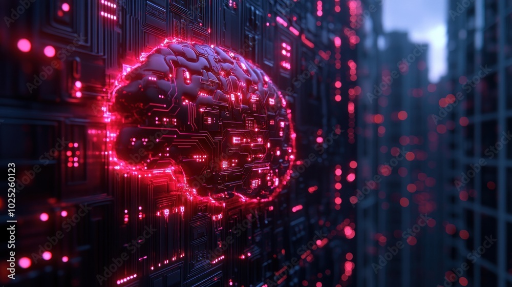 A glowing red brain made of circuitry against a black background with a blurred cityscape. A glowing red brain made of circuitry against a black background with a blurred cityscape.