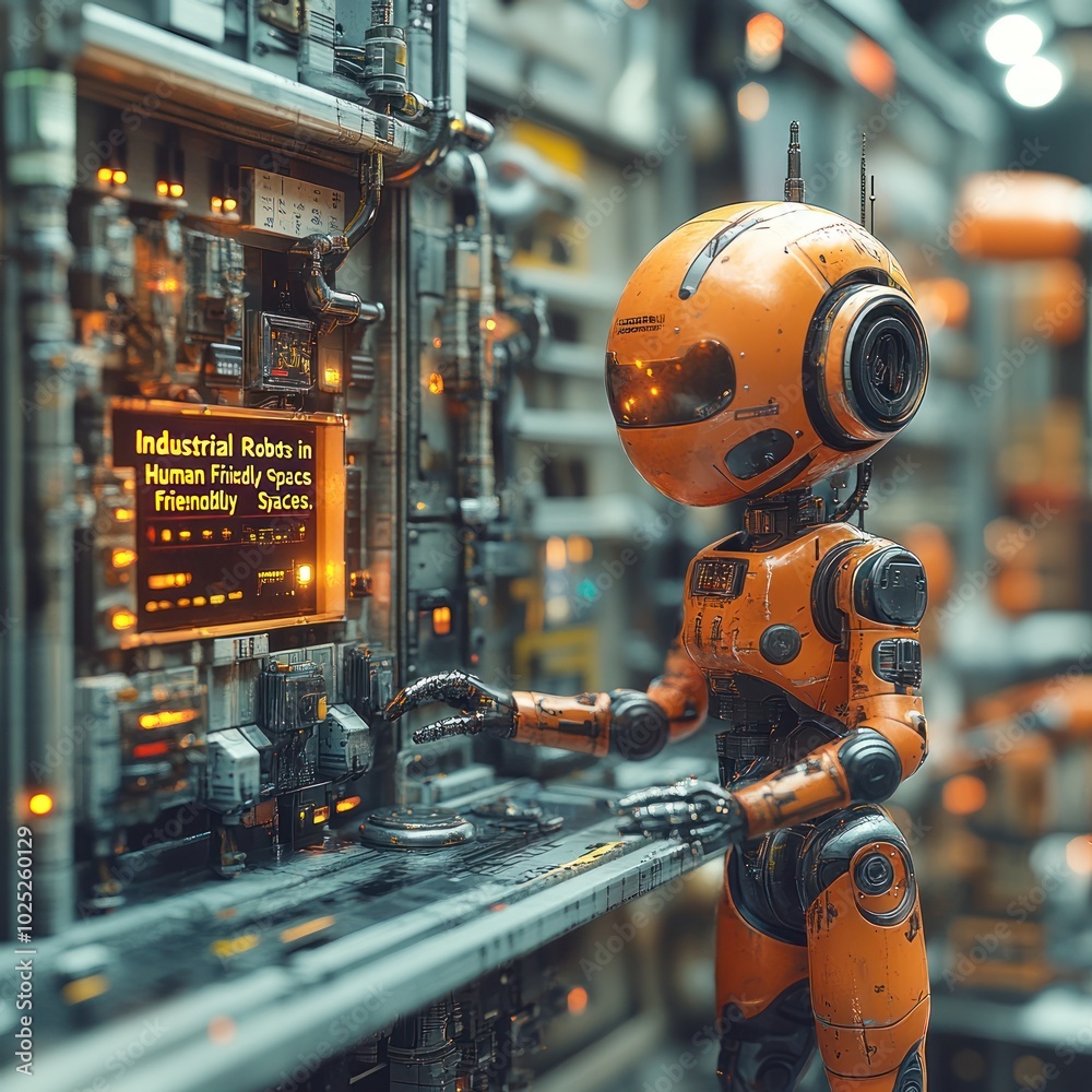 An orange robot with a large head and round eyes is standing in front of a control panel with the words An orange robot with a large head and round eyes is standing in front of a control panel with the words