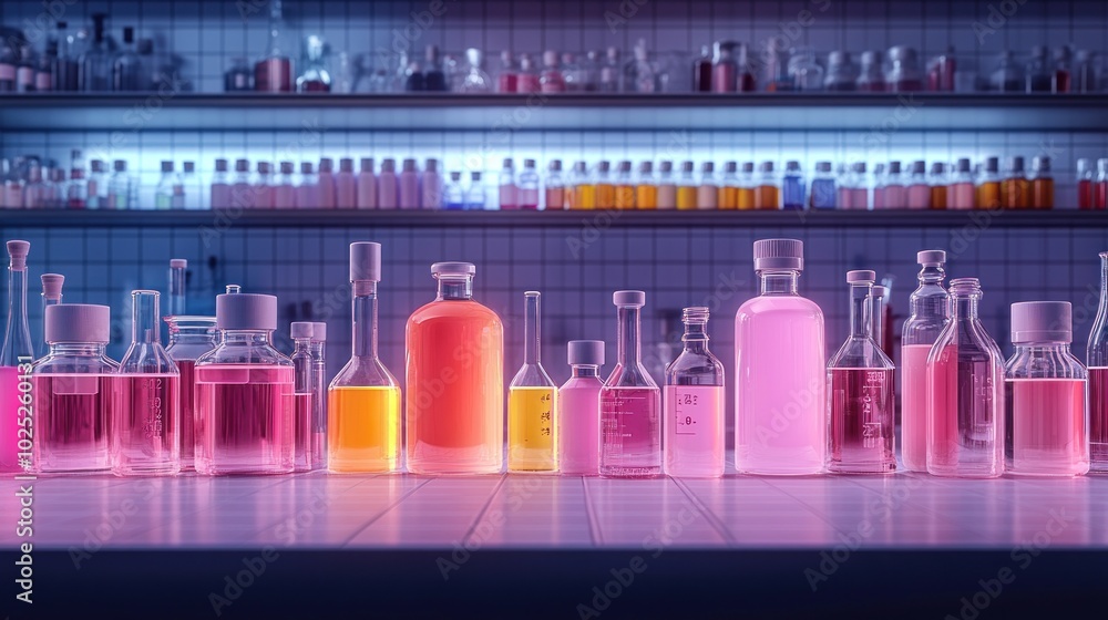 A row of colorful glass bottles filled with liquids on a laboratory countertop, with shelves of similar bottles in the background. A row of colorful glass bottles filled with liquids on a laboratory countertop, with shelves of similar bottles in the background.