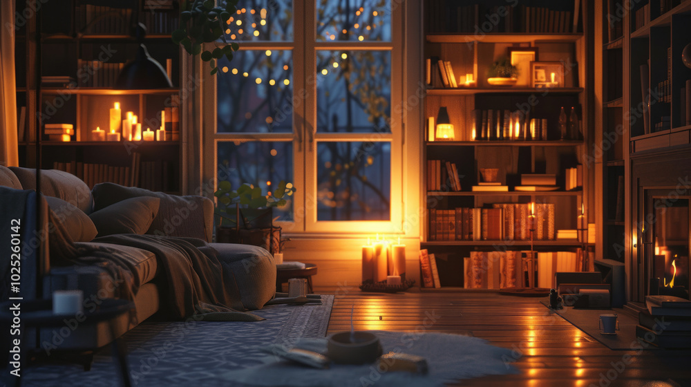 Fototapeta premium A cozy evening in a warm living room with a fireplace, shelves of books, and soft lighting creating a relaxing atmosphere