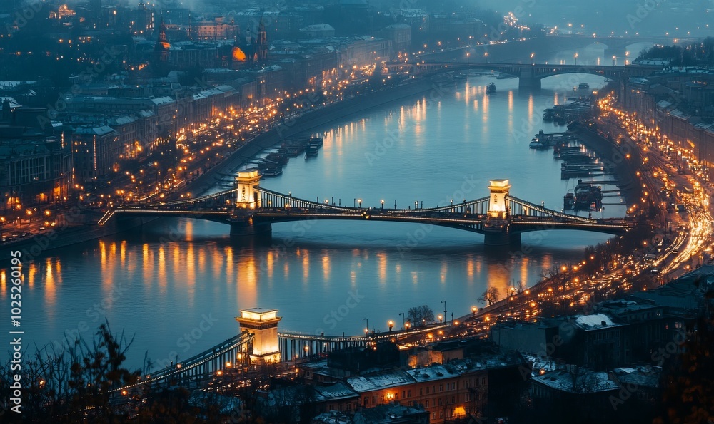 Naklejka premium Closeup view of the city and bridge in the evening