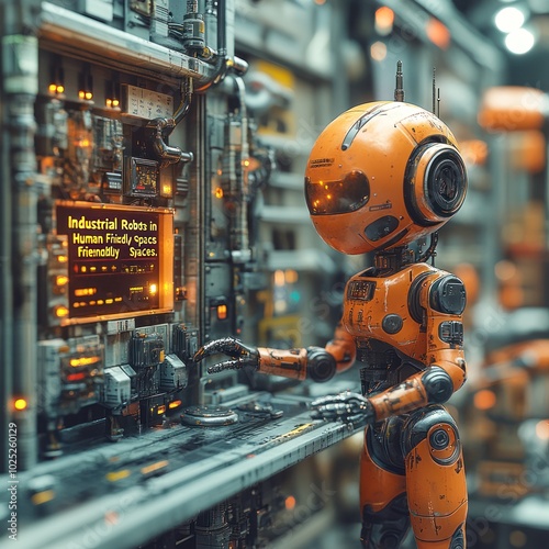 An orange robot with a large head and round eyes is standing in front of a control panel with the words "Industrial Robots in Human-friendly Spaces" illuminated on a screen.