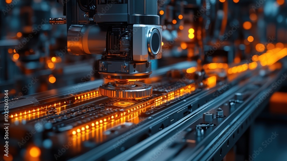 Fototapeta premium Close-up of an automated robotic arm assembling a circuit board on an assembly line with orange lights.