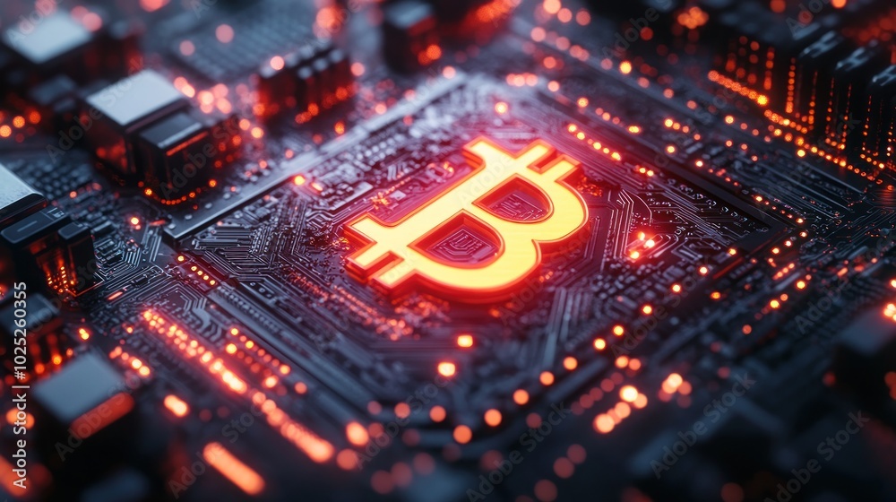 A glowing Bitcoin symbol on a circuit board, representing the digital currency and its technology. A glowing Bitcoin symbol on a circuit board, representing the digital currency and its technology.