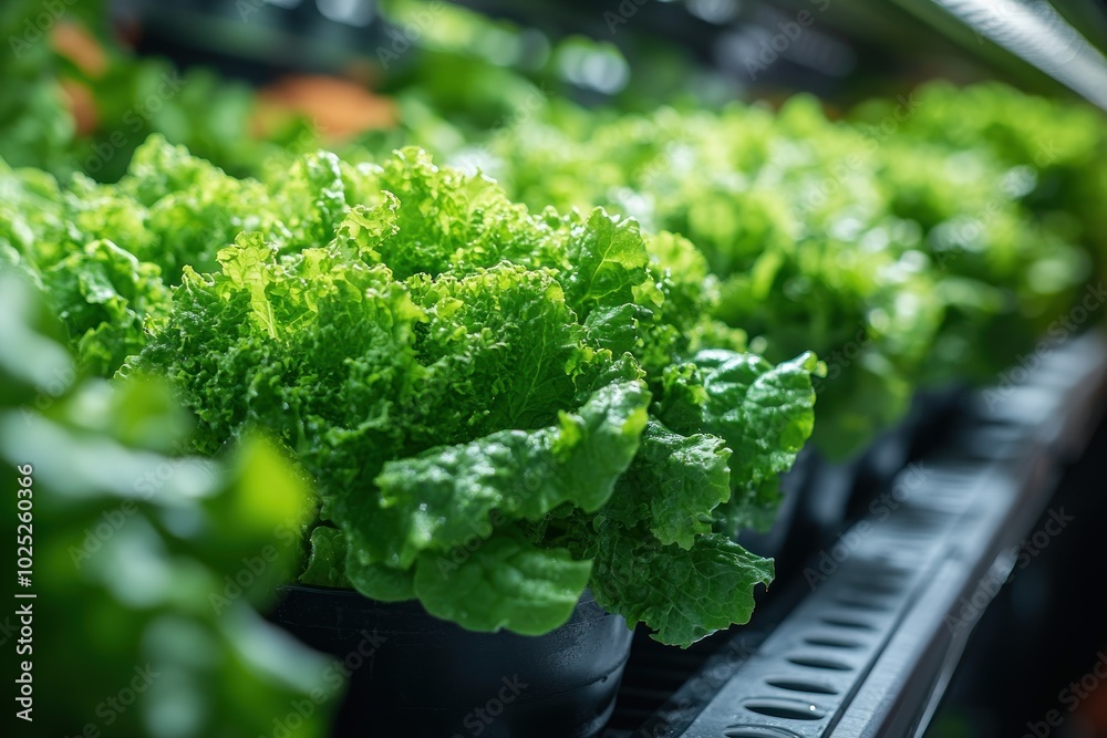 A close-up of fresh green lettuce growing in a hydroponic system. A close-up of fresh green lettuce growing in a hydroponic system.