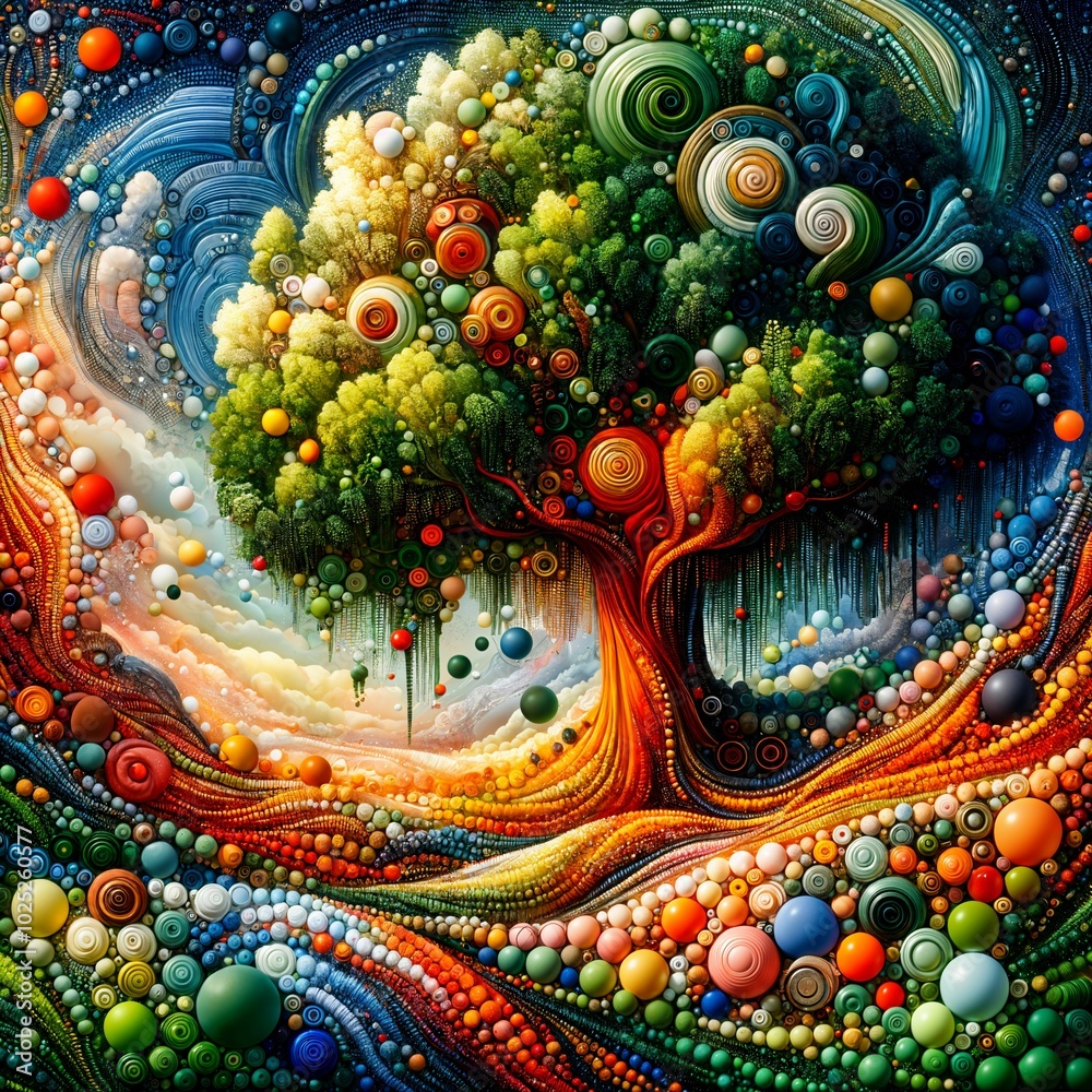 Naklejka premium A tree bursts with vibrant, swirling colors and intricate patterns, set against a background of flowing shapes and textures. The scene is alive with energy, in this dreamlike landscape. (Gen, A.I.)