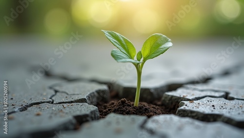 Resilient seedling breaking through concrete symbolizing growth