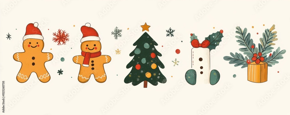 Naklejka premium A charming set of illustrated Christmas icons featuring whimsical gingerbread characters, a festively decorated tree, and holiday-themed gifts