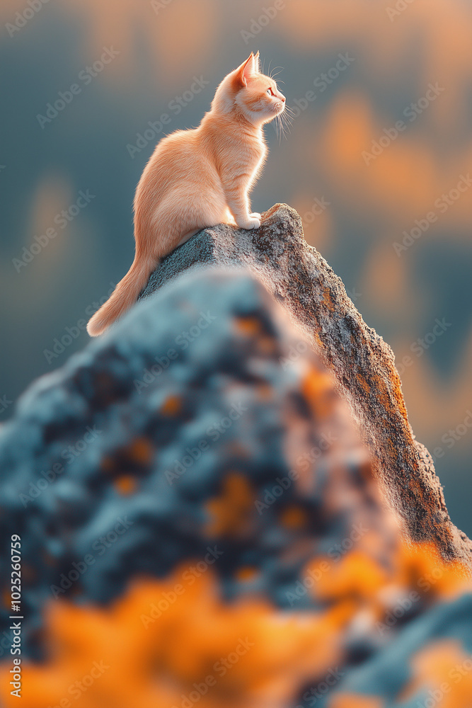 A ginger kitten sits on a rock, looking out at the horizon.