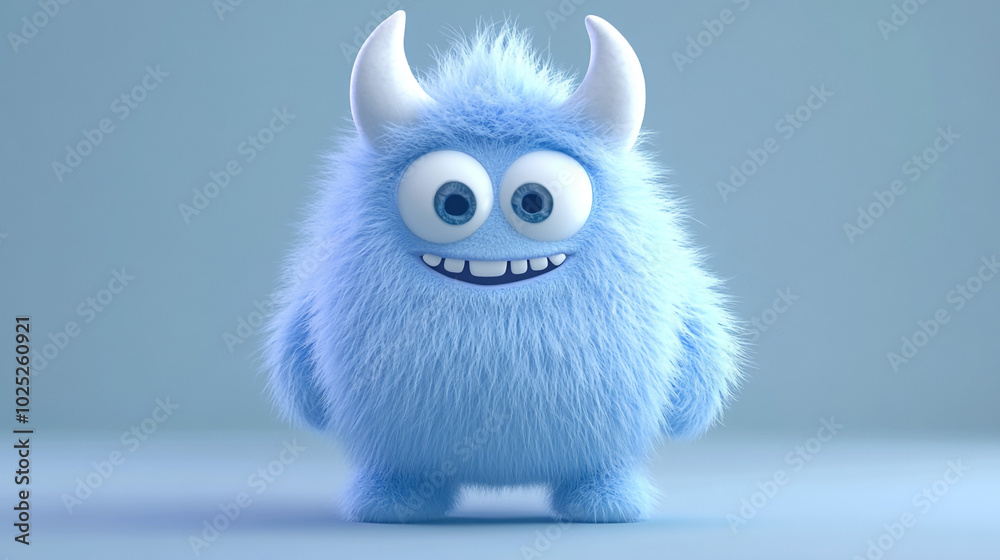 Fototapeta premium Cute Blue Furry Monster with Horns and Big Eyes