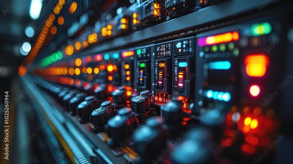 Close-up of a server rack with glowing lights and knobs. Close-up of a server rack with glowing lights and knobs.