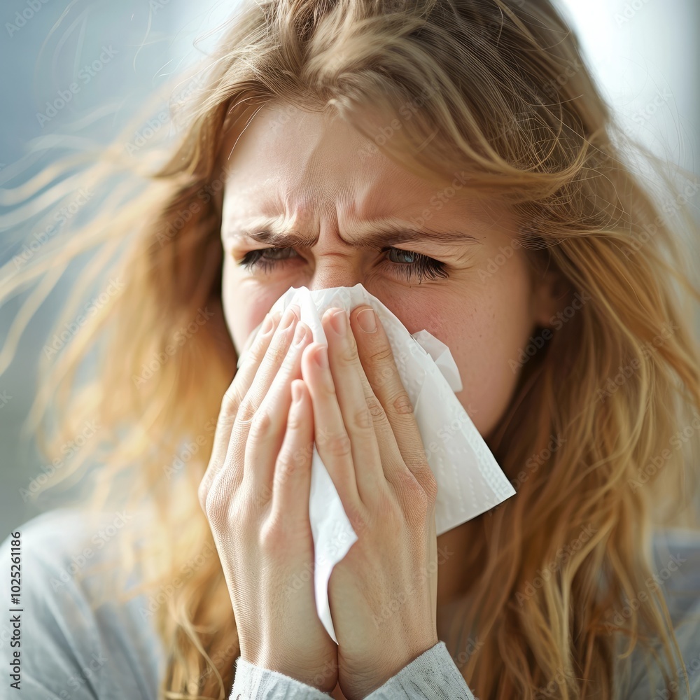 Allergy Woman Blowing Her Nose into a Tissue Allergy Woman Blowing Her Nose into a Tissue