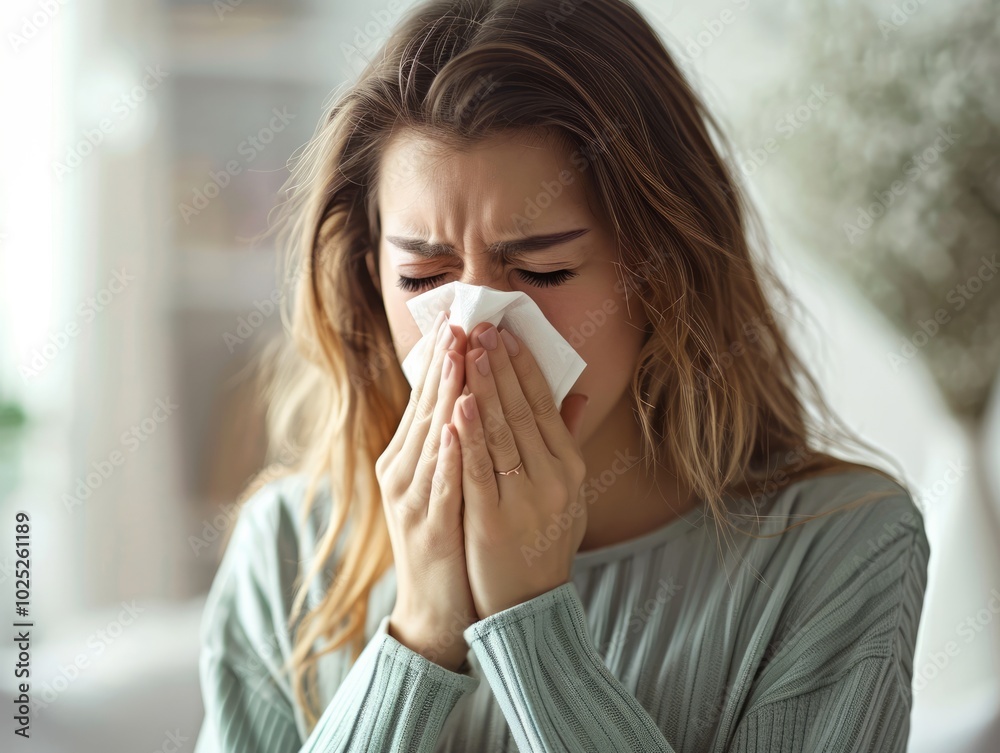 Allergy Woman Blowing Her Nose into a Tissue Allergy Woman Blowing Her Nose into a Tissue