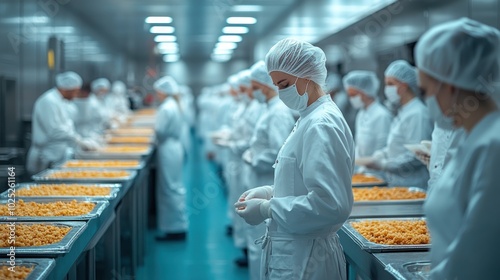 Wallpaper Mural Workers in white uniforms and masks prepare food in a sterile environment. Torontodigital.ca