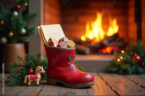 Saint Nicholas boot filled with gifts in front of a cozy fireplace photo