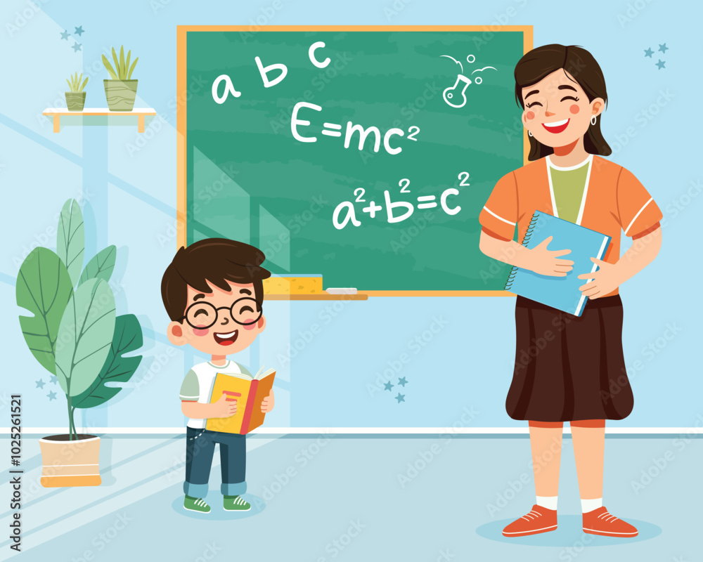 Smiling cute students with teacher standing with books in front of blackboard in school classroom. Vector illustration in flat cartoon style Smiling cute students with teacher standing with books in front of blackboard in school classroom. Vector illustration in flat cartoon style