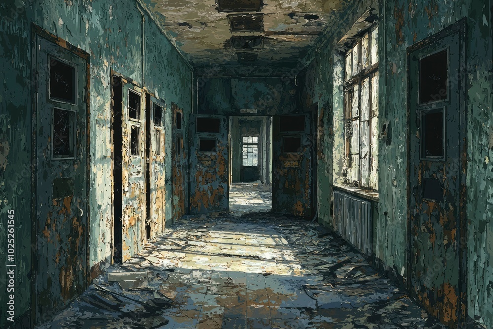 A sunlit hallway in a decaying building with peeling paint, closed doors and a window