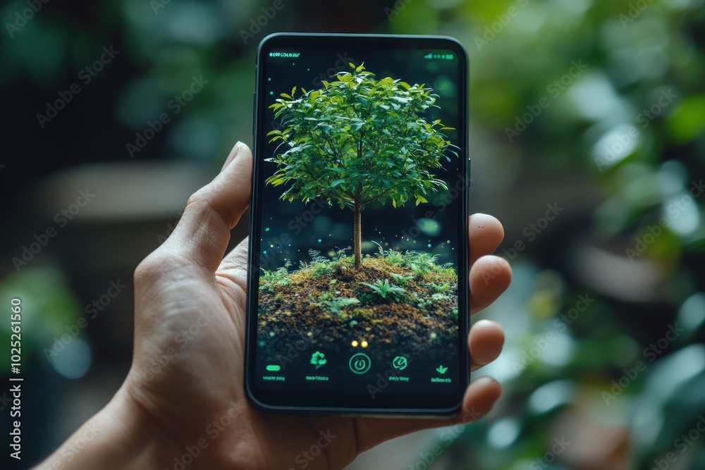 A hand holds a smartphone displaying a digital image of a tree growing from soil, with a blurred green background. A hand holds a smartphone displaying a digital image of a tree growing from soil, with a blurred green background.