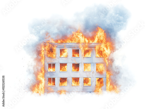 Burning building in flames, smoke and fire, dramatic isolated background