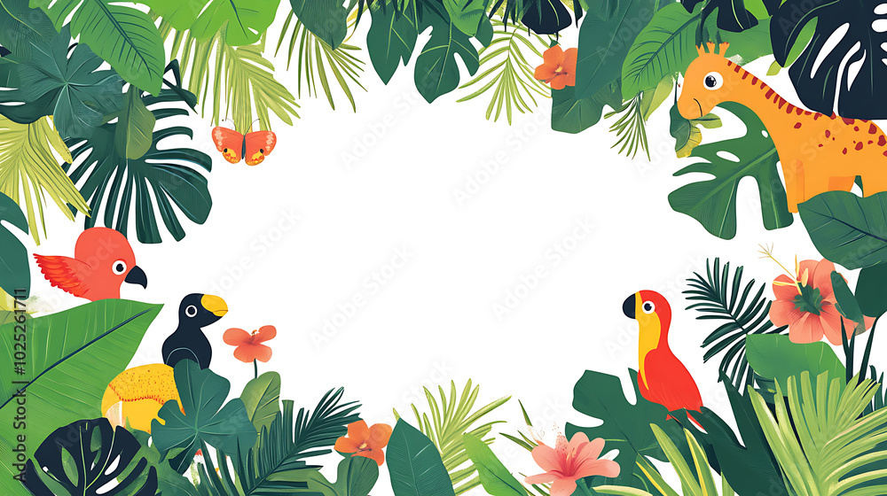 Fototapeta Colorful illustration of tropical leaves and animals on a white background, tropical leaves frame a blank space for text or art.