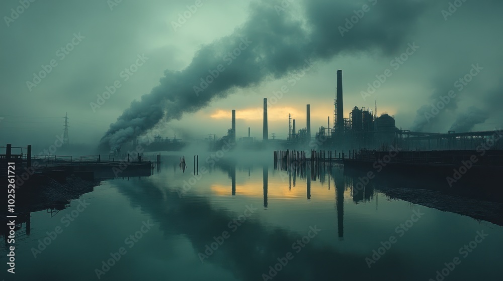 A industrial factory with smoke stacks spewing out emissions into the air over a body of water, creating a dark and ominous landscape. A industrial factory with smoke stacks spewing out emissions into the air over a body of water, creating a dark and ominous landscape.