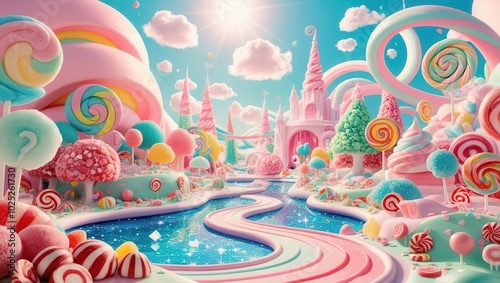 Whimsical candy land with icing river, fantastical buildings, and candy-like trees photo