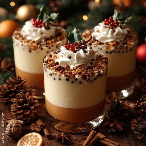 Three festive desserts in glass cups with whipped cream, chocolate, and holly leaves on a wooden table with Christmas decorations.