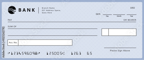 Blank bank check, checkbook cheque template with blue guilloche, vector mockup. Money payment bank check voucher or pay cash cheque certificate, account bill paycheck
