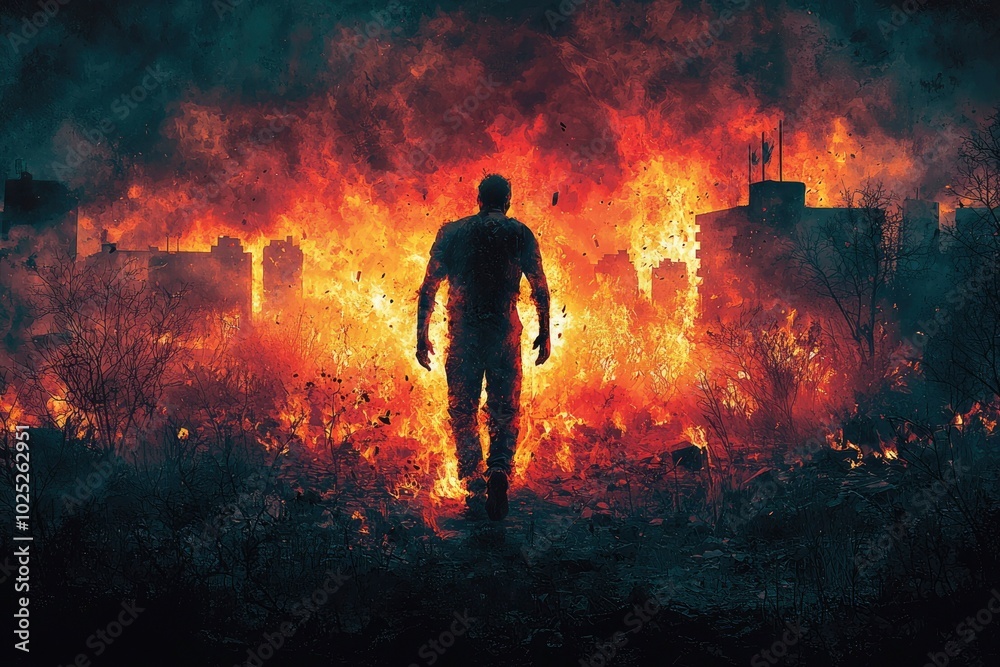 A Man Silhouetted Against a Burning Cityscape A Man Silhouetted Against a Burning Cityscape
