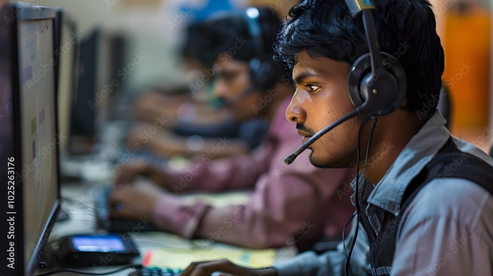 Men working at a call center in India Men working at a call center in India