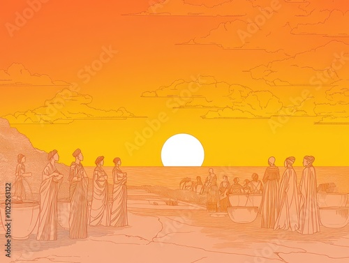 line drawing of a traditional African Thanksgiving gathering at sunset, infused with a retro vibe.  photo